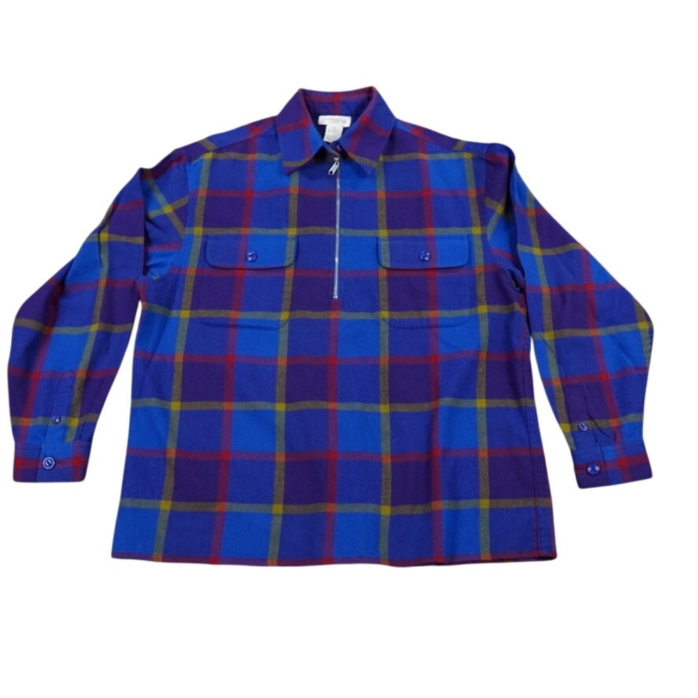 VTG Jones New York Sport Flannel Shirt Womens Medium Blue Plaid Quarter Zip
